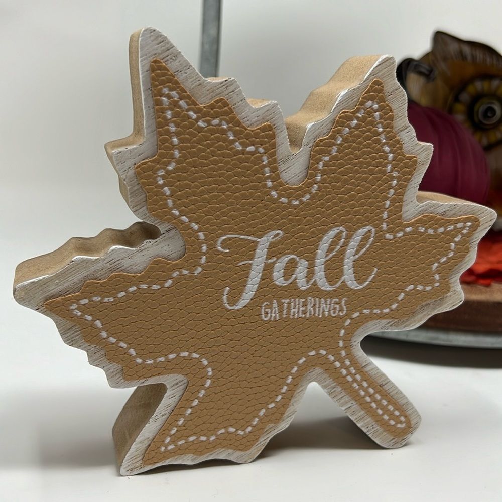 Fall Gatherings Leaf Shaped Decor Wooden Shelf Table Word Sign Brown Tiered NWT